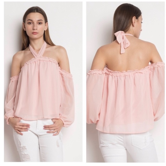 Chiffon Blush Off The Shoulder Top - Picture 1 of 2